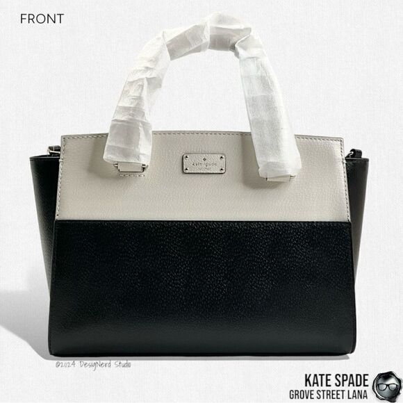 KATE SPADE GROVE STREET LANA LEATHER SATCHEL IN BLACK/CREAM WITH CROSSBODY STRAP - Picture 3 of 14